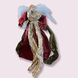 NWT 18” Christmas tree topper angel decor shimmery bows red green gold
